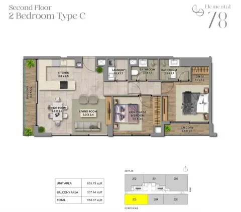 Plattegrond van 2 slaapkamers in Elemental 78