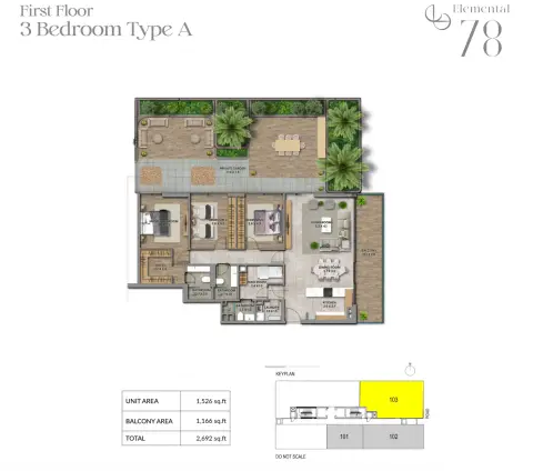 Plattegrond van 3 slaapkamers in Elemental 78