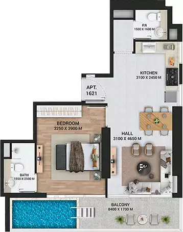 Plattegrond van 1 slaapkamer in Empire Lake view
