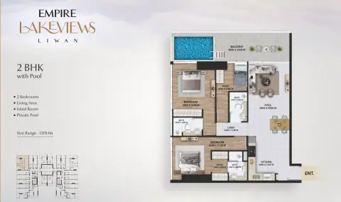 Plattegrond van 2 slaapkamers in Empire Lake view