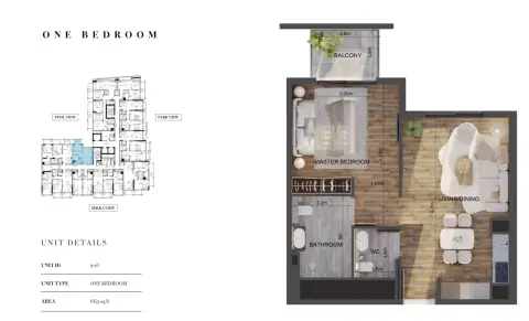 Plattegrond van 1 slaapkamer in Carmel Residences