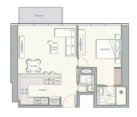 Plattegrond van 1 slaapkamer in UH West