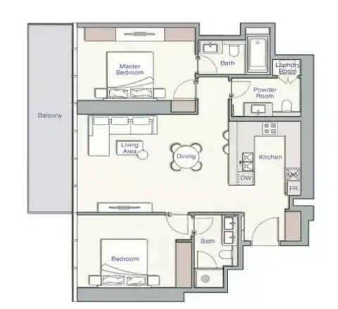 Plattegrond van 2 slaapkamers in UH West