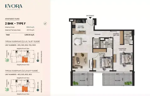 Plattegrond van 2 slaapkamers in Evora Residences