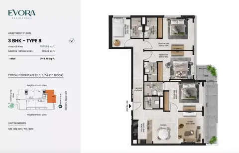 Plattegrond van 3 slaapkamers in Evora Residences