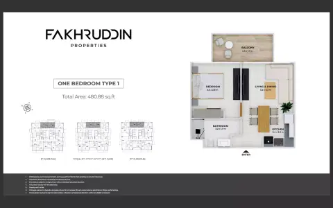 Plattegrond van 1 slaapkamer in Treppan Tower