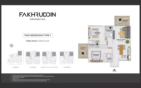 Plattegrond van 2 slaapkamers in Treppan Tower