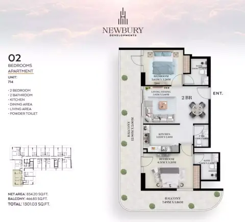 Plattegrond van 2 slaapkamers in Chapter 01