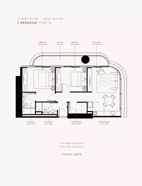 Plattegrond van 2 slaapkamers in Azizi Milan 30