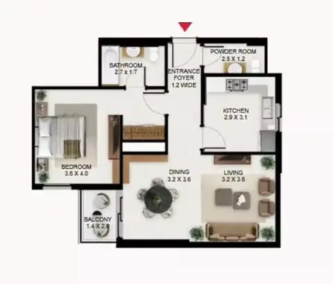 Plattegrond van 1 slaapkamer in South Garden C