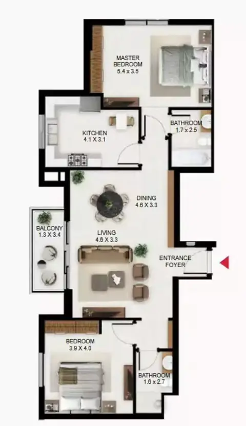 Plattegrond van 2 slaapkamers in South Garden C