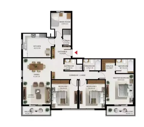 Plattegrond van 3 slaapkamers in South Garden C