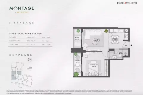 Plattegrond van 1 slaapkamer in Montage