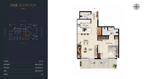 Plattegrond van 1 slaapkamer in Kingdom Gate