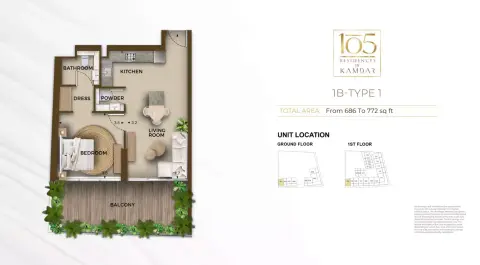 Plattegrond van 1 slaapkamer in 105 Residences