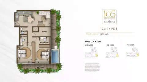Plattegrond van 2 slaapkamers in 105 Residences