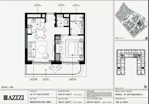 Plattegrond van 1 slaapkamer in Azizi Venice 7