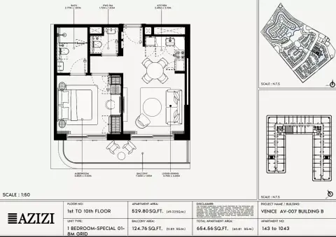 Plattegrond van 1 slaapkamer in Azizi Venice 7