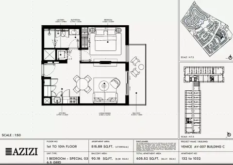 Plattegrond van 1 slaapkamer in Azizi Venice 7