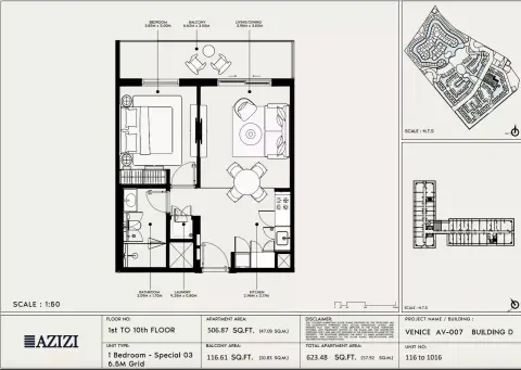 Plattegrond van 1 slaapkamer in Azizi Venice 7