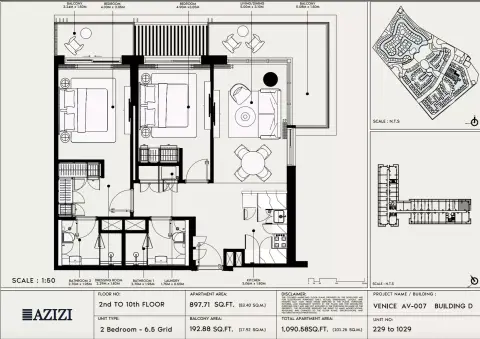 Plattegrond van 2 slaapkamers in Azizi Venice 7