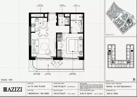 Plattegrond van 1 slaapkamer in Azizi Venice 7