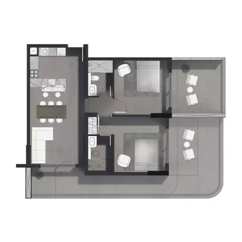 Plattegrond van 2 slaapkamers in Aizel Tower