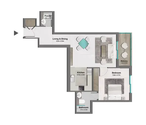 Plattegrond van 1 slaapkamer in Pristine