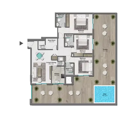 Plattegrond van 3 slaapkamers in Pristine