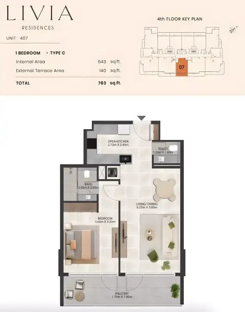 Plattegrond van 1 slaapkamer in Livia Residence