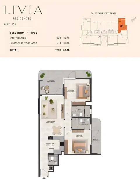 Plattegrond van 2 slaapkamers in Livia Residence