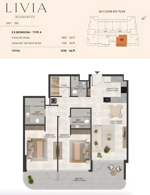 Plattegrond van 3 slaapkamers in Livia Residence