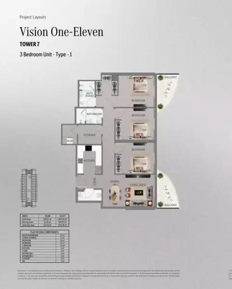 Plattegrond van 3 slaapkamers in Mercedes Benz Places | Binghatti City