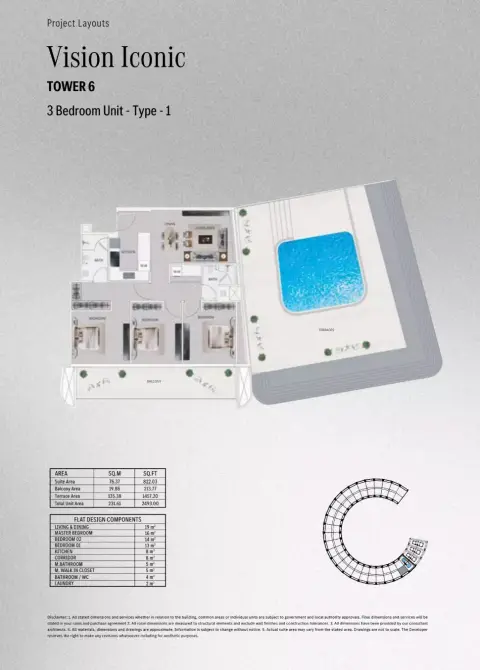 Plattegrond van 3 slaapkamers in Mercedes Benz Places | Binghatti City