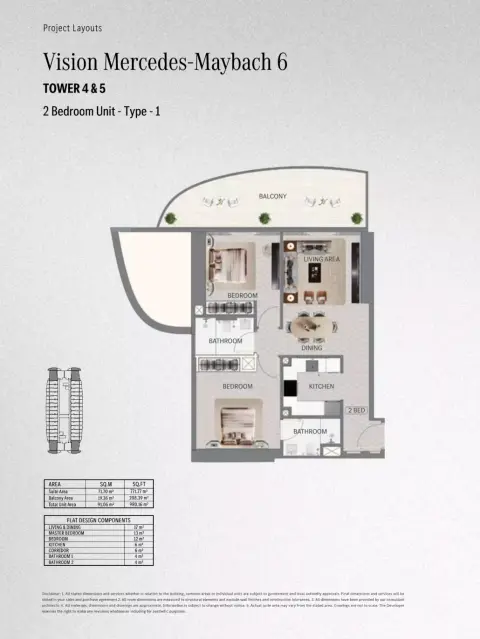 Plattegrond van 2 slaapkamers in Maybach 6