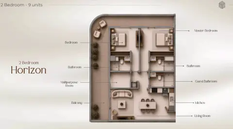 Plattegrond van 2 slaapkamers in Beverly Crown