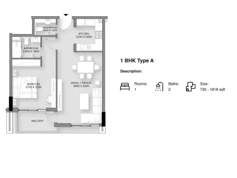 Plattegrond van 1 slaapkamer in Rose Garden Phase 2 by Roz Development