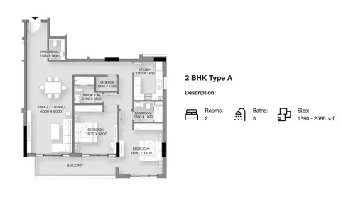 Plattegrond van 2 slaapkamers in Rose Garden Phase 2 by Roz Development