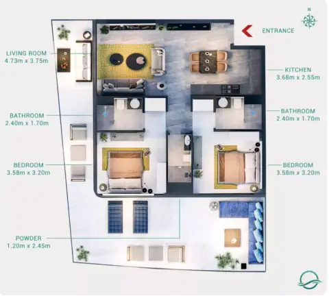 Plattegrond van 2 slaapkamers in Milos by Karma