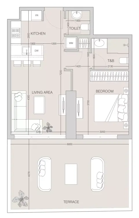 Plattegrond van 1 slaapkamer in The Fifth Tower