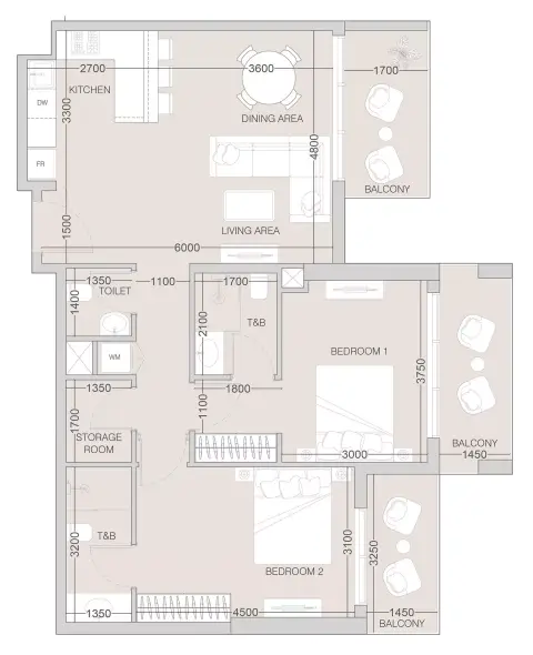 Plattegrond van 2 slaapkamers in The Fifth Tower