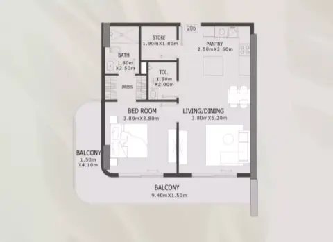 Plattegrond van 1 slaapkamer in Elevia Residences Phase 3 by Valores