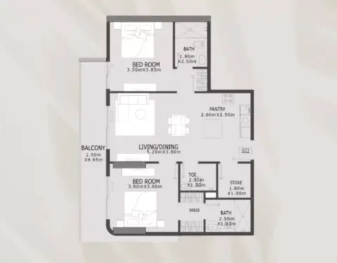 Plattegrond van 2 slaapkamers in Elevia Residences Phase 3 by Valores