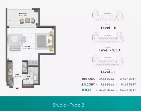 Plattegrond van Studio in Waref Residences