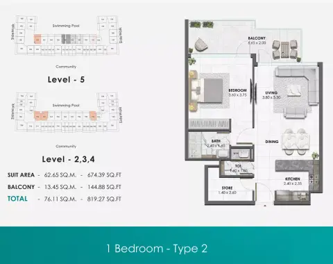 Plattegrond van 1 slaapkamer in Waref Residences