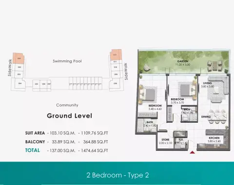Plattegrond van 2 slaapkamers in Waref Residences