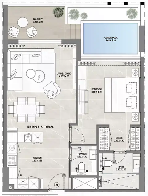 Plattegrond van 1 slaapkamer in Gharbi 1 Residences