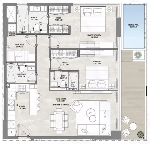 Plattegrond van 2 slaapkamers in Gharbi 1 Residences