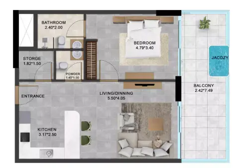 Plattegrond van 1 slaapkamer in Alta