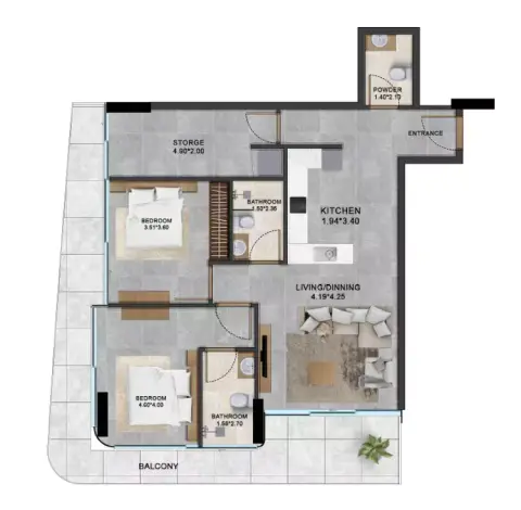Plattegrond van 2 slaapkamers in Alta